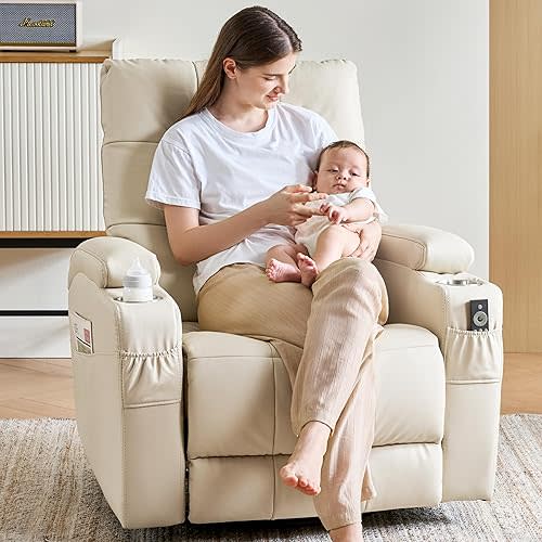 AIRSKY Leather Recliner Chair, Swivel Rocker Recliner Chair, Rocking Chair Nursery, Glider Rocking Chair with Thick Cushion, Oversize Glider Rocking Chair, Nursery Chair with High Back, Beige,R2