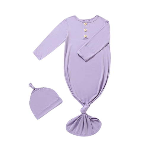Odeerbi Baby Boys Girls Knotted Gown Hat Set Super Soft Sleeper Long Sleeve Sleep Gown Baby Clothes Newborn Baby Solid Color Cotton Jumpsuit Pajamas Hat Set Rompers Purple