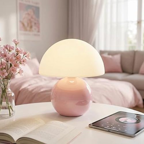 Cute Mushroom Lamp for Girls Bedroom - Aesthetic Pastel Bedside Lamp with Ceramic Base & 3 Color Temperatures, Preppy Room Decor Small Night Stand Light for Teen Nursery, USB Plug (Pink)