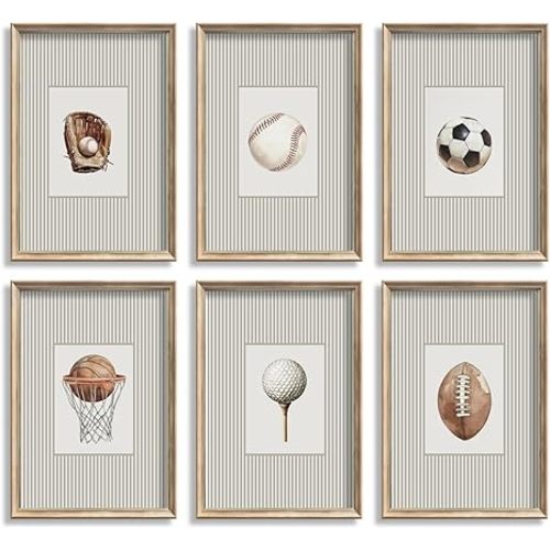 6Pcs Vintage Children's Sports Wall Art Kids Striped Wall Decor Football Baseball Basketball Soccer Golf Baseball Glove Poster Prints Pictures for Boys Room Nursery Home Decoration 12x16in Unframed