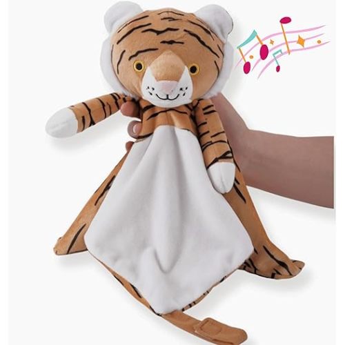 Love By Emi 4 in 1 Baby Lullaby Sleep Soother Toy - Stuffed Animal Sound Machine & Pacifier Holder | Heartbeat White Noise & Music | Plush Orange Tiger Lovey Sleep Aid Security Blanket (0-3 Years)