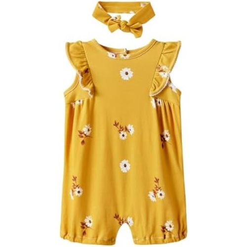 Baby Girl Romper 100% Cotton Breathable Soft with Headband, Sleeveless Summer Outfits for Newborn Infant 0-24 Months