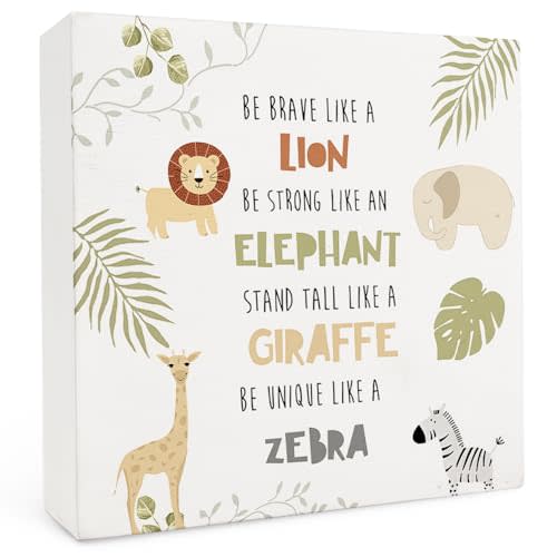 Animal Nursery Wood Box Sign 5×5 Inches, Inspirational Forest Animal Lion Elephant Giraffe Zebra Wood Sign for Kids Room Dorm Nursery Bedroom Home Desk Tabletop Shelf Decor