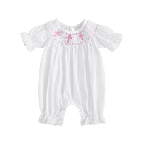 Lamuusaa Newborn Baby Girl Baptism Outfit Smocked Crosses Embroidery Romper One Piece Bodysuit Jumpsuit Summer Clothes