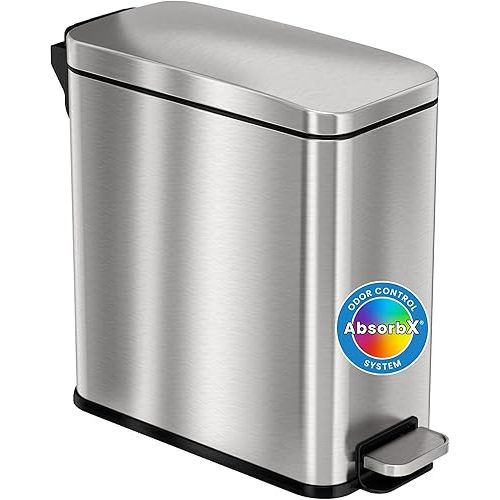 iTouchless 11.4 Liter / 3 Gallon SoftStep Bathroom Trash Can with Lid & AbsorbX Odor Filter – Slim Stainless Steel Wastebasket with Removable Inner Bucket for Small Spaces, Home, Office, Bedroom