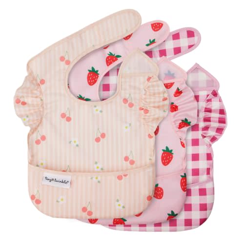 Tiny Twinkle Mess-Proof Baby Bibs for Eating | Waterproof, Wipeable Toddler Bibs with Catch-All Pocket | Feeding Bibs for Girls & Boys(3 Pack,Cherry Coquette,Strawberries,Raspberry Gingham)