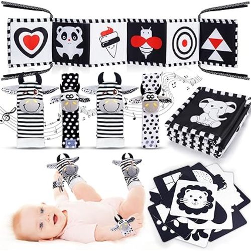 Notique Jouets pour bébé de 0, 3, 6, 12 mois, noir et blanc, jouets pour nouveau-né avec hochet de poignet, chaussettes, détecteur de pieds, livre sensoriel, jouets pour le ventre, cartes flash à