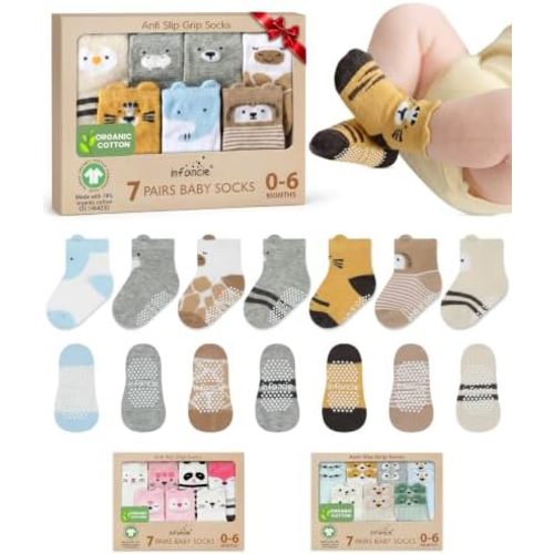 GOTS Organic Cotton Blend 7 Baby Socks 0-6 Months Animal Design Non Slip
