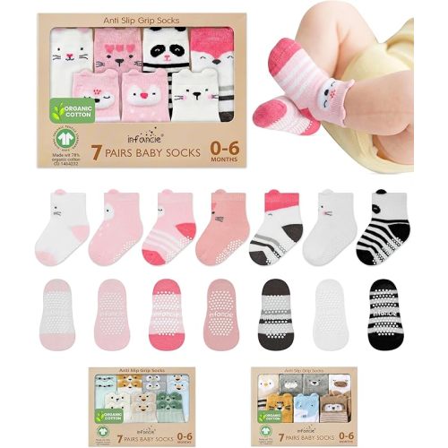 Organic Cotton GOTS Certified Non-Slip Baby Socks 0-6 Months - 7 Pairs Soft Breathable Newborn Socks Animal Design For Infant