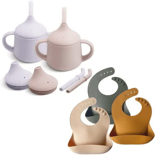 Moonkie Silicone Baby Sippy Cups 2-Pack | 3-Stage Training Cup for Infants & Toddlers | 4oz + Silicone Baby Bibs Set of 3 | BPA-Free, Waterproof, Adjustable Feeding Bibs for Babies & Toddlers | Perfec