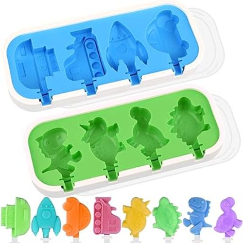 Sakolla 2 Pack Silicone Popsicle Molds with Sticks & Lid, 4-Cavity Mini Popsicle Molds for Kids - Cars, Ships, Train, Rocket and Dino Shapes (Green & Blue)