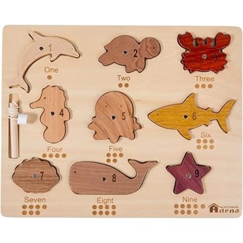 Adena Montessori Natural Wood Wooden Toy Magnetic Fishing Game, Wooden peg Puzzle 2 in 1 for Toddlers, Wooden Puzzle for 2-3 Years Old, Puzzle with Digital Ocean Animal Advanced Toys for 2 Year Old