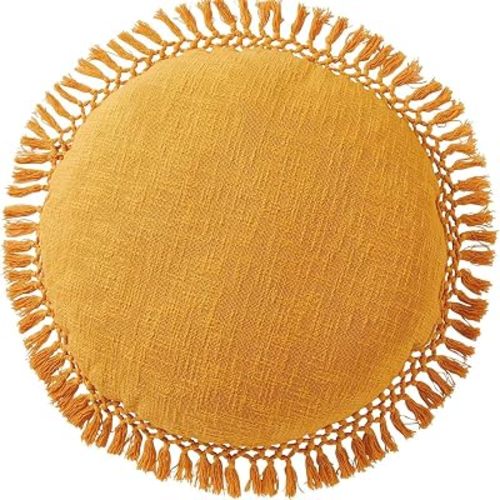 Indigo Ink Round Yellow Decorative Throw Pillow with Tassels - 20" x 20" | Cotton Throw Cushion for Couch, Chair, Bed | Cute Home Decor | Soft Plush Filling | Tufted Medallion Collection
