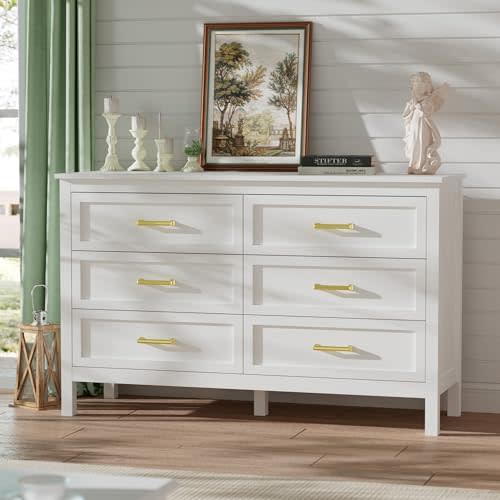 LYNSOM Farmhouse 6 Drawers Dresser for Bedroom, Wood Rustic Wide Chest of Drawers with Deep Drawers, Metal Handle, Storage Dressers Organizer for Entryway, Hallway, White