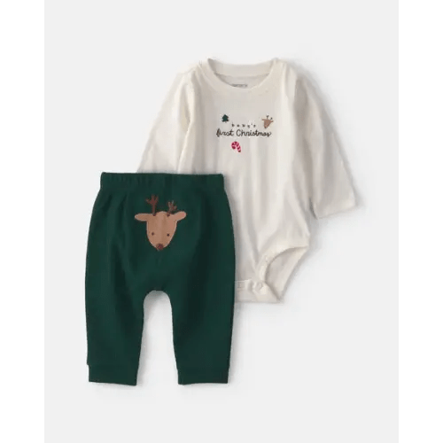 Baby 2-Piece 'Baby's First Christmas' Long-Sleeve Bodysuit & Pant Set - Ivory/Green | Carter's