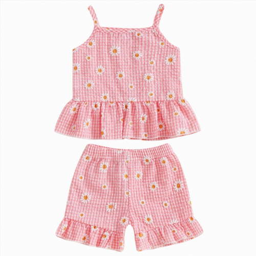 enyan Toddler Baby Girl Clothes Summer Short Sleeves Crewneck Embroidery T Shirt + Elastic Plaid Shorts 2Pcs Outfits Set (Light Pink,6-12 Months)