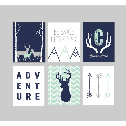 Deer Nursery Decor, Boys Nursery Art, Antler, Adventure Nurser, Baby Boy Nursery Decor, Deer Antlers Mountains, Set of Six, Boy Nursery Art