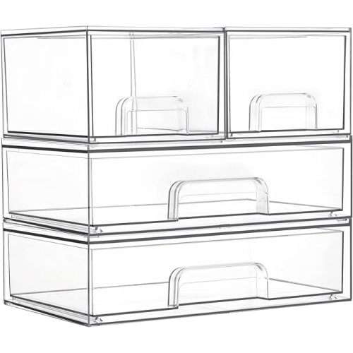 Vtopmart Stackable Storage Drawers Set of 4, Clear Plastic Organizer Bins for Bathroom Supplies,Ideal for Cabinet,Pantry,Laundry Room Organization