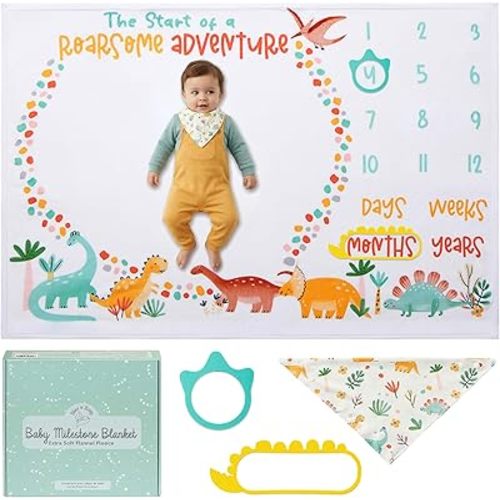 Bliss n' Baby Monthly Milestone Blanket for Baby Boys & Girls - 60"x40" - Wrinkle Free Newborn Age Month Blanket with Growth Chart - Washable & Dryable - w/Frames & Bib - Dinosaur Theme Baby Gift Set