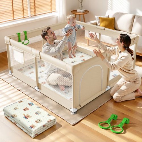 Fodoss Baby Playpen with Mat ，47 x 47 In Playpen for Babies and Toddlers, Indoor & Outdoor Activity Center, Safety Baby Fence (beige +bear)