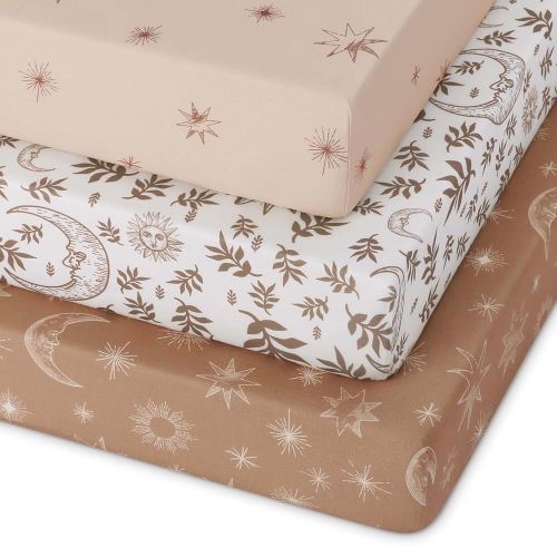 Pack and Play Sheets Fitted 3 Pack, Mini Crib Sheets for Pack N Play Mattress Stretchy Portable Playard Sheets, Soft Breathable White Brown Sun God