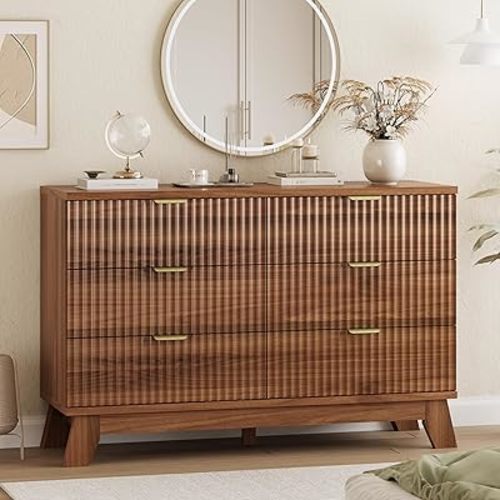 Fluted Dresser for Bedroom with 6 Drawers, 48" Wide Modern Chest of Drawers with Metal Handle, Wooden Dresser TV Stand, Wood Closet Clothes Storage Organizer for Living Room, Hallway, Walnut
