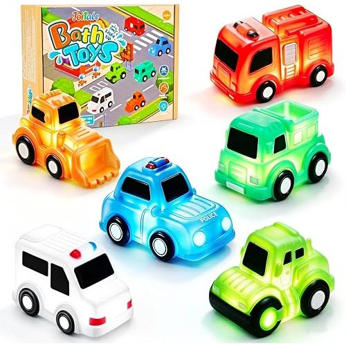 Baby Bath Toys, 6 Pack Light Up Cars Bath Toys, No Hole No Mould Bathtub Toy for 1 2 3 Year Olds, Flashing LED Sensory Toy for Toddlers, Bath Time Shower Gifts for Boys and Girls