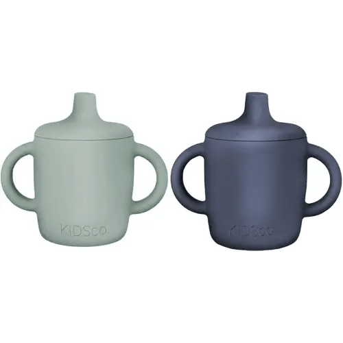 KIDSco. Silicone Sippy Cups (2 Pack) – Soft Spout & Easy Grip Handles for Babies 6+ months, Plastic Free, Toxic Free Silicone, Leak-Resistant, Dishwasher Safe (Green and Midnight Blue)