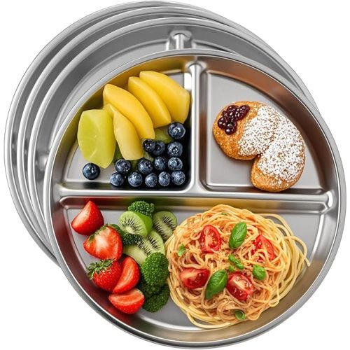 4pcs 304 Stainless Steel Kids Plates，9"Non-Toxic Circular Portion Control Plate，Suitable For Children To Use,Portion Plates For Weight Loss Adults，Reusable, Non-Toxic, Anti Drop, And Dishwasher Safe