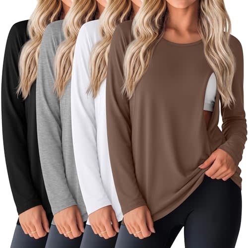 Oakgarden 4 Pack Women Cotton Nursing Tops for Breastfeeding | Long Sleeve Shirts with Hidden Zippers, Maternity Basic Tees, Crew Neck Pregnancy T-Shirts, Soft Comfortable Outings Clothes