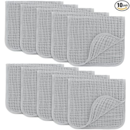 Comfy Cubs Muslin Burp Cloths 20" x 10", Pack of 10 - Large, 6-Layer, Ultra Absorbent 100% Cotton for Baby Drool and Messes - Soft, Safe & Gentle Baby Burp Cloths for Boys & Girls - Heather Blue