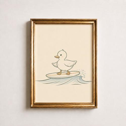 Surfing Duckling Poster, Duck on Surfboard Print, Coastal Nursery Wall Art, Cute Beach Kids Decor, Ocean Wave Print, Baby Shower Gift