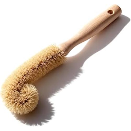 Wooden Bottle Brush - L-Shape Long Handle Cup Scrubber with Beech Wood Grip - Non-Scratch for Water Bottles, Decanters, Tumblers & Glassware (Natural Brown)