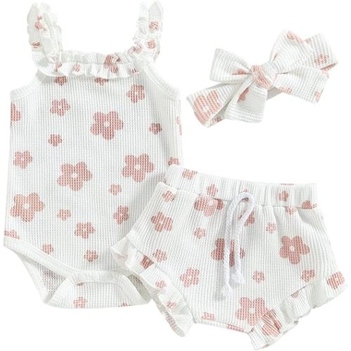Newborn Baby Girl Clothes Floral Sleeveless Romper Bodysuit + Ruffle Bloomers Shorts Infant Summer Outfits Set