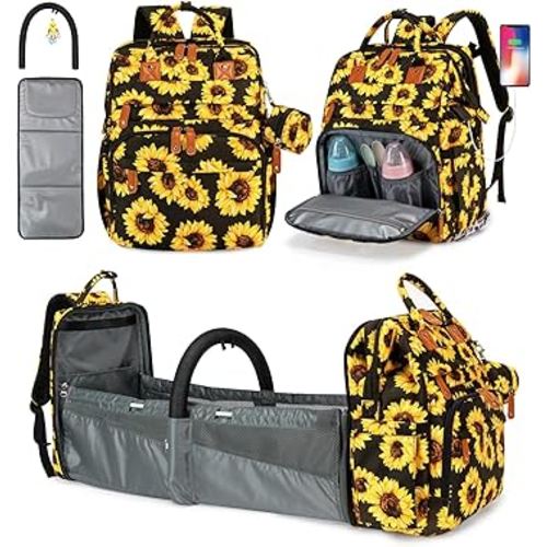 KABAQOO Diaper Bag Backpack with Detachable Changing Station, Large Capacity Baby Diaper Bags for Boys & Girls, Baby Registry Search Stuff & Shower Gifts, Newborn Essentials Must Haves, Sunflower