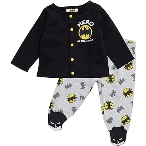 BATMAN Baby Boys Outfit with Snap Shirt and Baby Footed Pants Baby Boy Clothes (Black/Grey/Yellow, 3-6M)