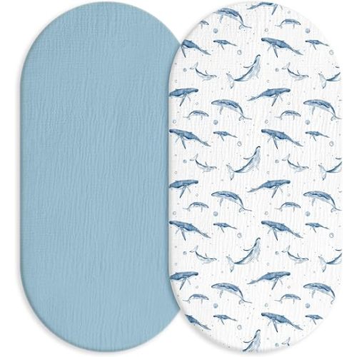 Muslin Bassinet Fitted Sheets 2 Pack, Soft Breathable Cotton Baby Bassinet Mattress Sheet Set, 360° Elastic Snug Fit, Universal for Oval, Rectangle & Hourglass Cradle, Unisex Baby Bedding (Blue Whale)