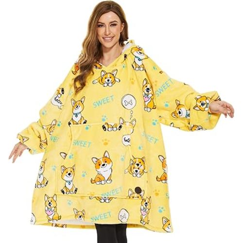 THREE POODLE Wearable Blanket Hoodie, Oversized Sherpa Sweatshirt Blanket for Adults Women Men, Warm Cozy Corgi Hooded Blankets, Gifts for Mom Girlfriend