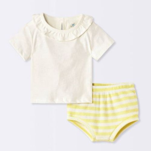 Baby Girls' 2pc Striped Ruffle Short Sleeve T-Shirt and Waffle Bloomer Set - Cloud Island™ Yellow 3-6M