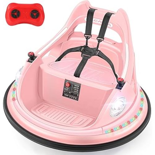 ELEMARA Bumper Car for Kids,1.9mph Max,12V Toddler Ride on Toys with Remote Control,2-Speed,2 Playing Modes,360 Degree Spin,Bumping Toy Gifts W/Bluetooth,5 LED Lights Modes,DIY Stickers,Pink