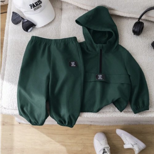 SHEIN 2pcs Baby Boy Olive Green Hoodie Top With Half Placket And Elastic Waist Pants Set, Casual Sportswear Outfit For Outings And Indoor Wear, Autumn