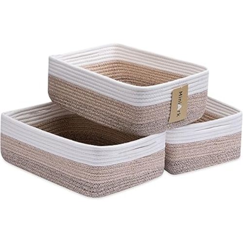 Large Shallow Organizing Baskets 15x11x5.1 Inches - Rope Woven Storage Bins for Bathroom, Shelves, Cube Closet, Gradient Brown 3 Packs