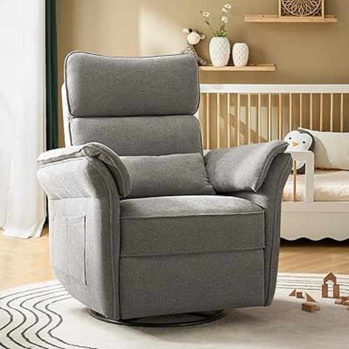 Nursery Rocking Glider Chair with Adjustable Armrests & Headrest, Power Nursery Recliner, Nursing Chair for Breastfeeding, Electric Swivel Rocker Recliner with USB Port&Storage, FSC Certified-Grey