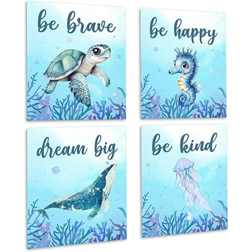 IDWHUIE 4 Pcs Nursery Wall Decor, Be Kind Brave Curious Cute Light Blue Nursery Decor, Positive Affirmations Print Painting Artwork, Home Wall Decoration For Kid Bedroom Classroom, 03