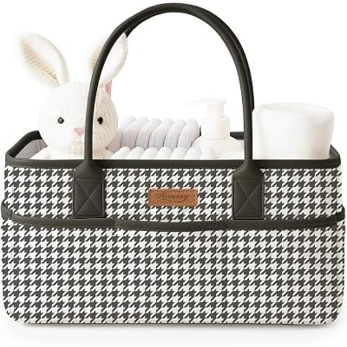 Konssy Quilted Diaper Caddy Organizer, Diaper Caddy Basket with PU Leather Handles, Water-Repellent Nursery Storage Basket, Portable Car Organizer, Registry Search Must Haves (Black Hound)