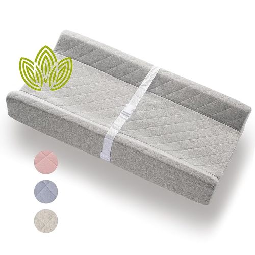 Organic Cotton Contoured Baby Changing Pad w/Waterproof Foam Mattress, Includes Soft, Removable & Washable Cover, Safety Strap, Non-Slip Bottom, Topper for Standard Size Infant Diaper Table & Dresser
