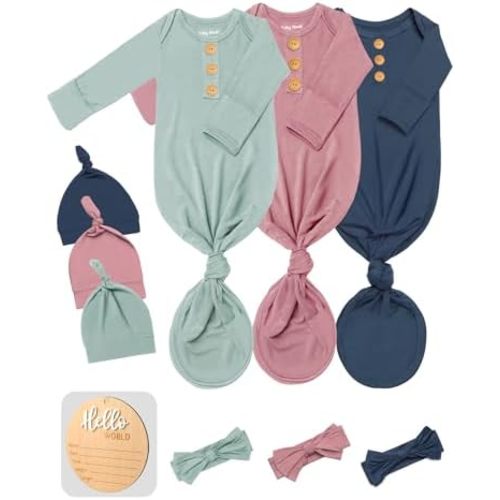 3 PK Baby Knotted Gowns Set with Mittens, Hats, Headbands & Wooden Name Tag for Breathable Newborns Going Home Outfit