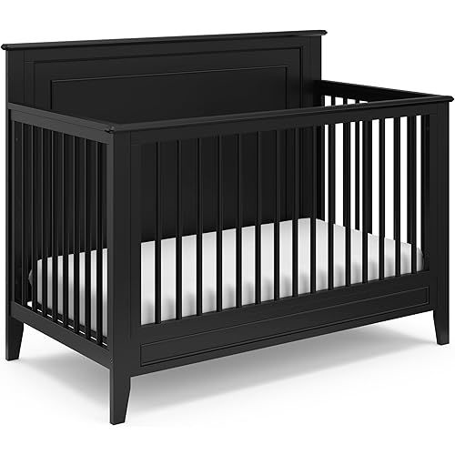 Storkcraft Solstice 5-In-1 Convertible Crib – GREENGUARD Gold Certified, Converts to Toddler Bed and Full-Size Bed, Fits Standard Full-Size Crib Mattress, Adjustable Mattress Support Base (Black)