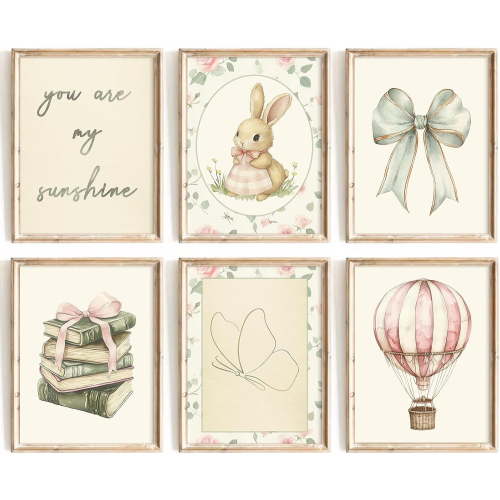 Vintage Nursery Wall Art Baby Girl Room Canvas Wall Decor Pink Flower Bunny Pictures Nursery Bow Art Prints Girl Butterfly Poster Vintage Floral Artwork for Children Bedroom 12x16 Inch Unframed 6pcs