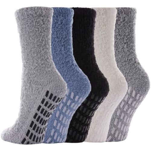 5 Pairs Fuzzy Socks with Grips for Women, Non Slip Cozy Fluffy Soft Socks, Winter Sleep Slipper Hospital